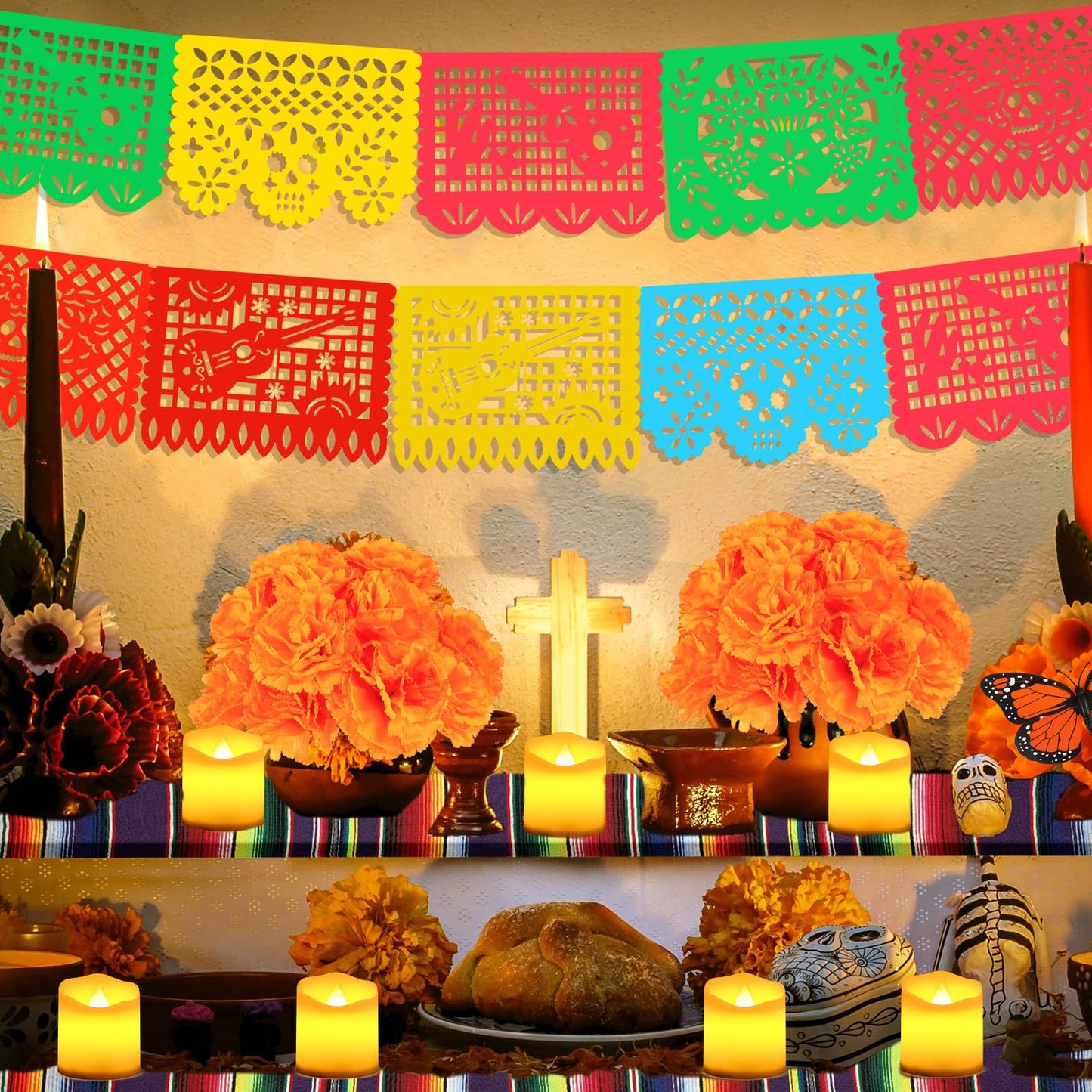 Liliful 44 Pcs Day of the Dead Decorations Set Artificial Marigold Flowers Mexican Party Banners Flameless Votive Candles Dia De Los Muertos Table Runners for Wedding Festival Fiesta Halloween Decor