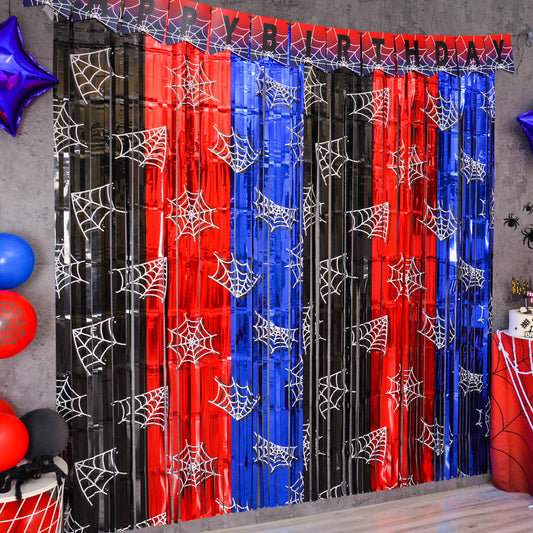 Bupelo Spider Web Birthday Decorations, 2 Pack Spider Party Supplies 3.3x6.6ft Tinsel Foil Fringe Curtains, Red Black, and Blue Photo Booth Prop Backdrop Streamer, Birthday Decor, Party Decor for Boys