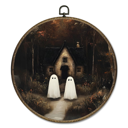 OINDADE Fall Halloween Ghost Round Wall Art Decor, Vintage House Ghost Wall Art Hanging Decor, Fall Halloween WallArt, Rustic Dark Ghosts Spooky Framed Canvas Artwork for Home Living Room, 10x10in