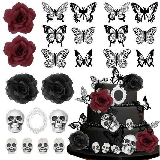 Ylapagne 21pcs Halloween Gothic Cake Decorations, Dark Rose Skull Butterflies Oval Photo Frame Gothic Cake Accessories Terror Party Supplies Favors