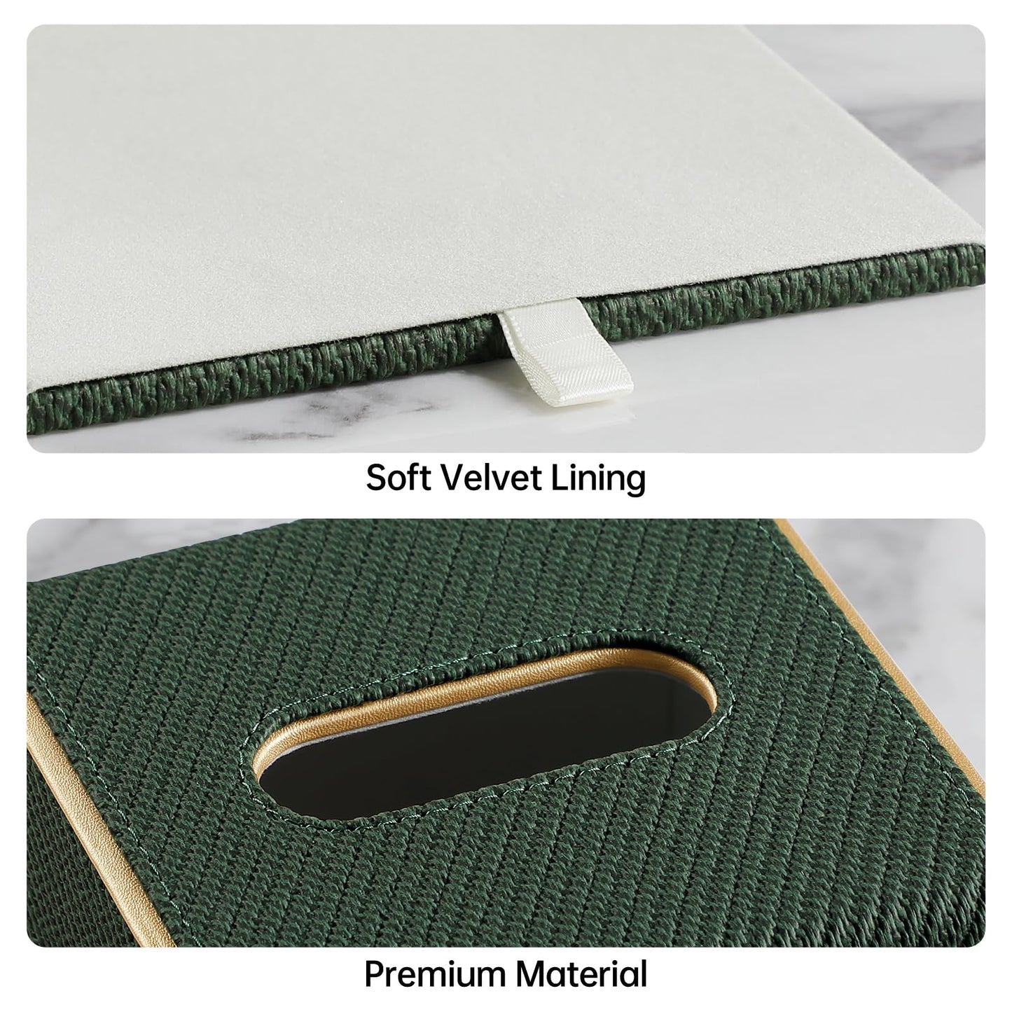 Square PU Leather Tissue Box Cover with Magnetic Closure, Decorative Tissue Holder & Storage Container for Bedroom, Living Room, Dining Room, Bathroom, Countertop, Desk (Square Dark Green Twill)