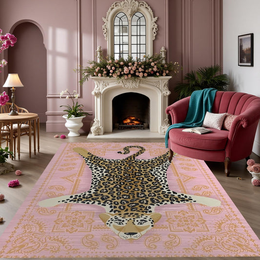 Vintage Boho Cheetah Print Area Rug 5x7 Pink Gold Floral Leopard Faux Wool Rug for Living Dining Room Bedroom Foldable Low Pile Carpet Washable Anti Slip Office Guestroom Nursery Floor Rugs Mat