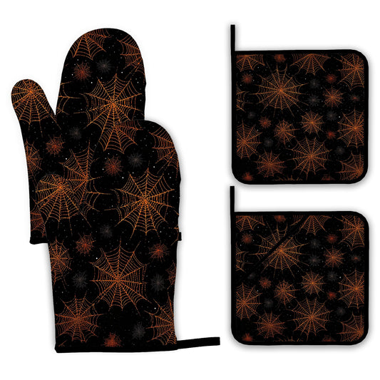 Halloween Oven Mitts and Pot Holders Set,Spider Web Kitchen Decor Heat Resistant Non Slip Hot Pads and Oven Mitt for Chef Cooking Baking BBQ Mom Girl Gifts(4 Piece Set)