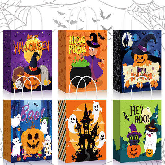 Yeaqee 48 Pcs Halloween Treat Bags Paper Gift Bags with Handles for Candy Snack Goodie Summer Halloween Party Favor Supplies(Cartoon)