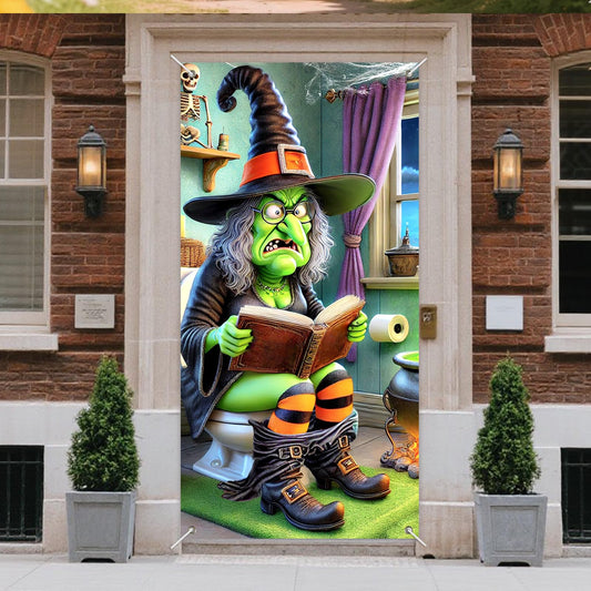 IVN Halloween Door Cover Banner 71x35 Inch Holiday Front Porch Door Decoration Funny Witch On Toilet Reading Spell Book Spooky Skeleton Cauldron for Party Trick or Treat Indoor Outdoor Decor