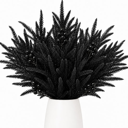 Watayo 45 Pcs Halloween Artificial Tree Branches Set, Black Norfolk Pine with Berry Picks, Halloween Fake Stems Centerpiece for Vase Garland Table Party Decor