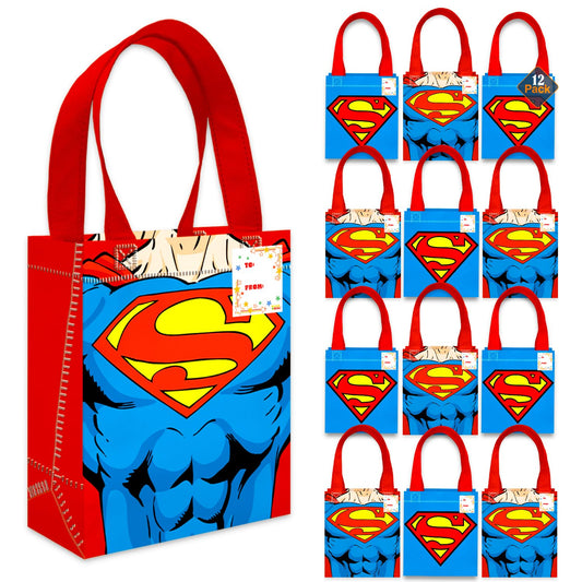 DC Comics Superman Party Favor Bags Set – 12 Pack 8" Superhero Goodie Bags for Kids Bulk Reusable Mini Totes | Superman Birthday Party Supplies