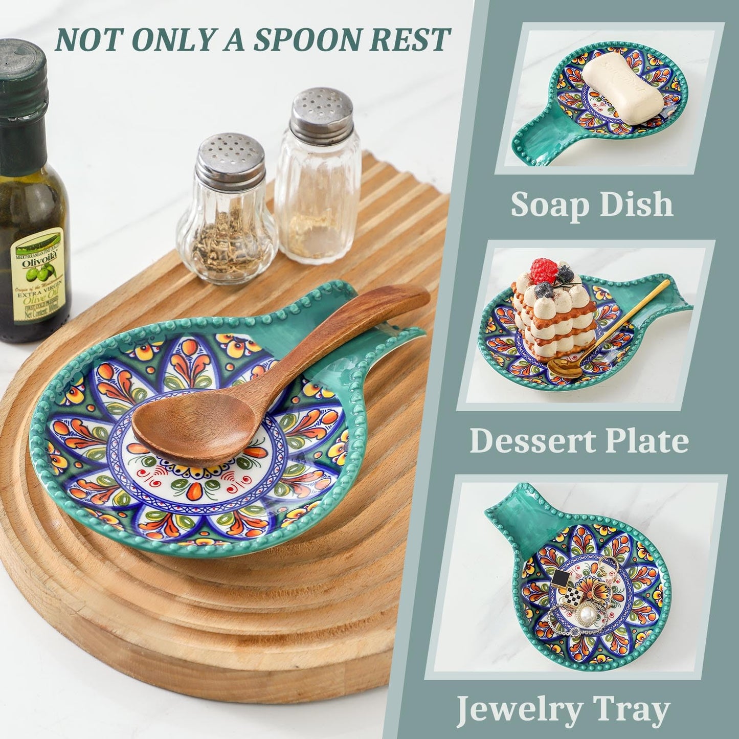 Spoon Holder for Kitchen Counter Ceramic Spoon Rest for Stove Top Large 7.7 Inch Heat-Resistant Cooking Spoon Holder for Coffee Spoon Rest,Spatula or Tongs,Bohemian Green Dishwasher Safe