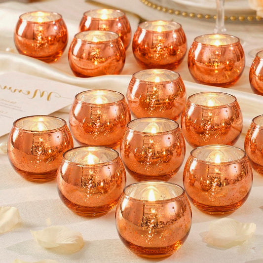 LAMORGIFT 24 Pcs Burnt Orange Candle Holders- Mercury Glass Candle Holders for or Boho Wedding Centerpieces, Bridal Shower, Party Table Decor, Fall and Holiday Home Decoration