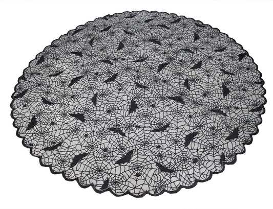 Tonfant Black Lace Tablecloth Round Overlay with Spider Web and Mat for Halloween Party,Easter,Fireplace and Mantle Cover Decoration (Round 70", Black)