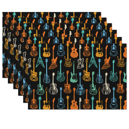 Colorful Guitar Placemats Set of 6, Waterproof Non-Slip Washable Table Mats Set for Kitchen Dining Holiday Party Wedding Decor 12x18 Inch