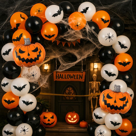 Arrowbash Halloween Balloon Garland Arch Kit 5/10/12/18 Inch Orange and Black White Balloon Arch with 2 Foil Pumpkin Decor, PVC Bats & Spider Web for Halloween Party Decorations(Classic)