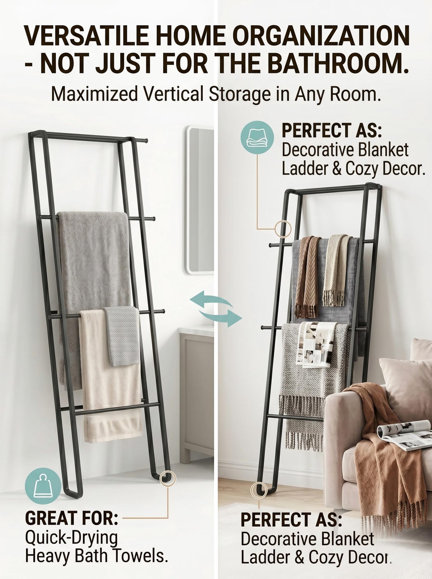 CANYAVE Metal Leaning Ladder Towel Rack, 4-Tier Blanket Stand for Bathroom Living Room, No Drilling Quilt Storage Organizer (Matte Black)