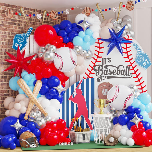 Baseball Balloon Arch Kit,134Pcs Navy Blue Red Sand White Balloon Garland with Baseball,Baseball Bat,Explosion Star Foil Balloons for Sports Theme Baby Shower Rookie Year 1st Birthday Party Decoration
