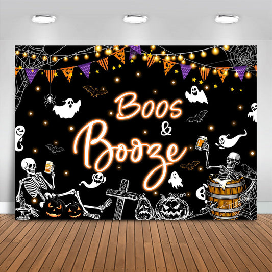 Mocsicka Halloween Boos and Booze Backdrop Skeleton Halloween Banner for Adult Cocktails Party Background for Photography Ghost Spooky Party Supplies (Black, 7x5ft(82"x60"))