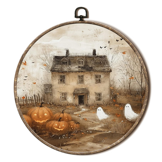 EGVQK Vintage Halloween Fall Round Wall Art, Farmhouse Ghost Pumpkin Framed Canvas Prints Wall Art, Halloween Rustic Fall Round Canvas Hanging Walls Decor for Home Living Room Decorations, 10x10in