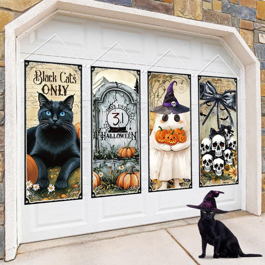 Halloween Decorations 4PCS Vintage Hanging Banner Black Cat Skull Ghosts Horror Decor for Outdoor Wall Art Porch Sign Backdrop for Haunted Mansion Halloween Decorations