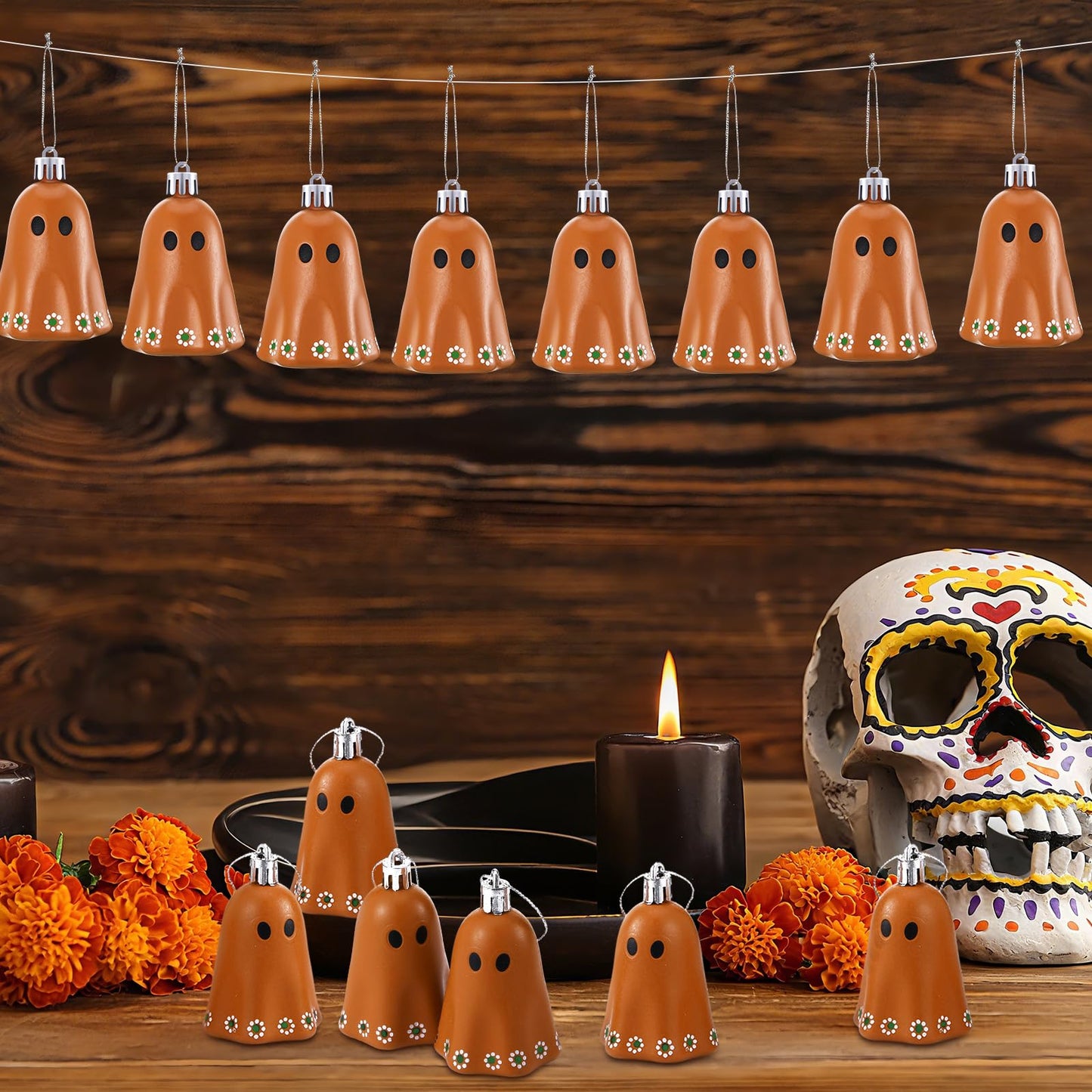 Simgoing 24 Pcs Day of The Dead Mexican Hanging Ghost Ornaments for Tree Dia De Los Muertos Halloween Small Ghost Tree Decorations Terracotta Flower Rustic Home Office Party Christmas Wreath Decor