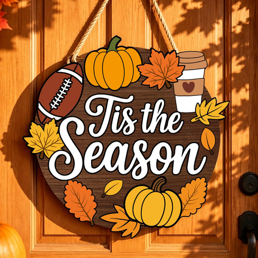 Whaline Fall Football Door Sign Tis the Season Hanging Decor Pumpkin Maple Football Wood Door Hanger with Rope for Autumn Thanksgiving Wall Porch Decorations