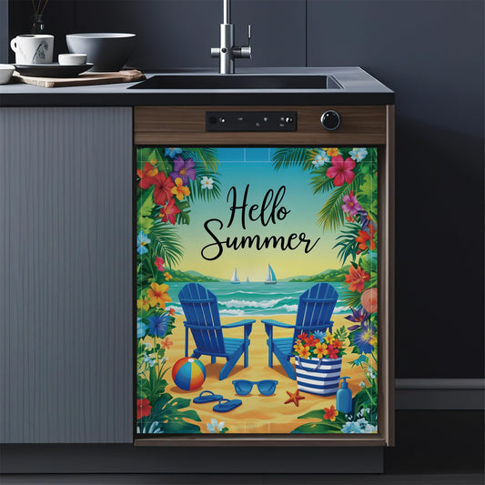 Summer Beach Refrigerator Magnet Cover,Tropical Flowers Washable Dishwasher Magnets Decorative Cover,Home Kitchen Decorative Dishwasher Front Panel Cover 23x26 Inch