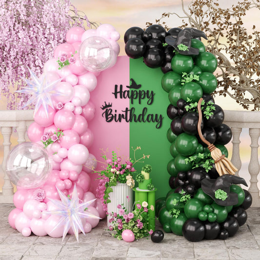 Pink Green Black Balloon Arch Kit, 153 Pcs Wick Balloons with Iridescent Exploding Star Balloons for Princess Witch Birthday Themed Party Decorations Fairy Wonderlad Party Supplies
