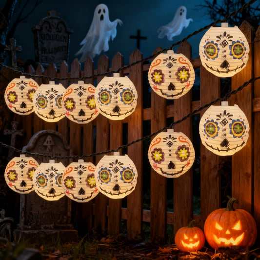Abeja Halloween White Lantern String Lights, 8.5Ft Grimace White Nylon Lantern Lights with 10 Mini LED Bulbs, Halloween Outdoors String Light for Garden Home Party