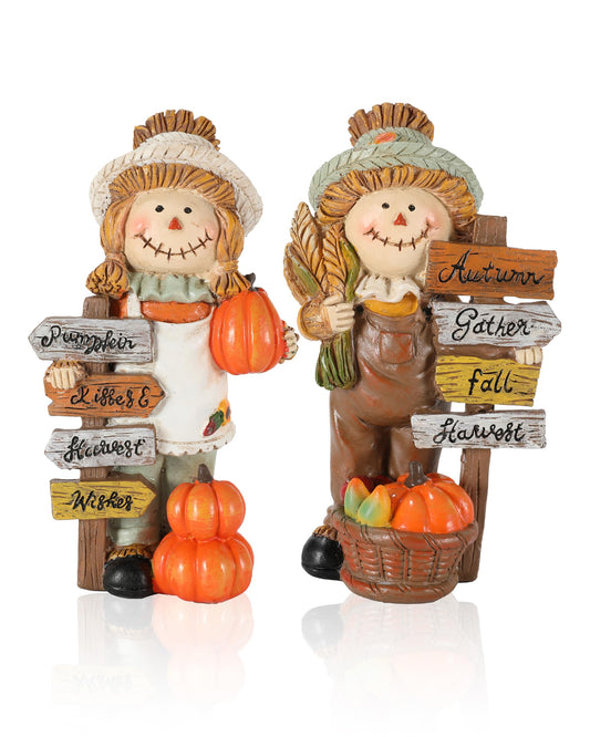 GoGnome 2-Pack Thanksgiving Scarecrow Figurines with Inspirational Autumn Plaques - Durable Resin 5.5'' Thanksgiving Table Decor - Fall Decorations Indoor Outdoor Harvest Gifts (Scarecrows)