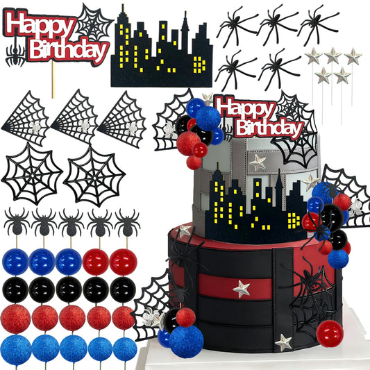 Tyotrbs Spider Cake Topper Spider Web Cake Decoration Spiders Theme Cake Decor Happy Birthday Toppers Stars Red Blue Balls Cupcake Topper for Hero Party Supplies