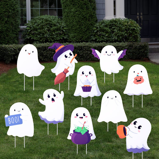 Gerrii 10 Pcs Ghost Halloween Yard Signs Corrugated Plastic Halloween Yard Decorations Scary Outdoor Halloween Decorations Ghost Decor with 20 Pcs Stakes for Outdoor Lawn Yard Decorations