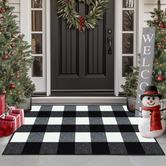 FONEYI Buffalo Plaid Outdoor Rug for Front Door Mats, 24" x 36" Black and White Checkered Layered Door Mat with Non Slip Backing, Washable Entryway Rug for Porch, Front Porch and Farmhouse Decor