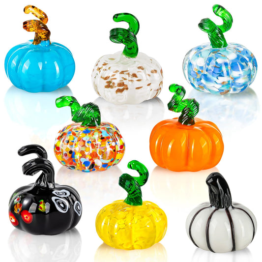 ALDMIO 8 Pcs Blown Glass Mini Pumpkin Decor, Mini Halloween & Thanksgiving Figurines, Glass Pumpkin Decorations for Fall & Harvest