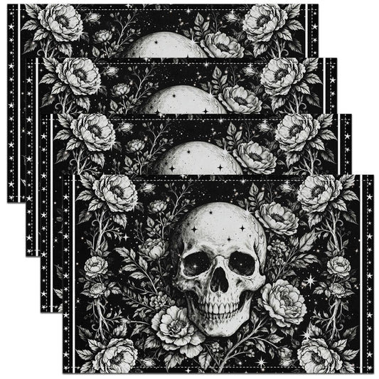 Goth Placemats Sugar Skull Table Mats | Halloween Skeleton Decorations Vintage Floral Spooky Bone Place Mat 18"*12"*4 Black Gothic Decor