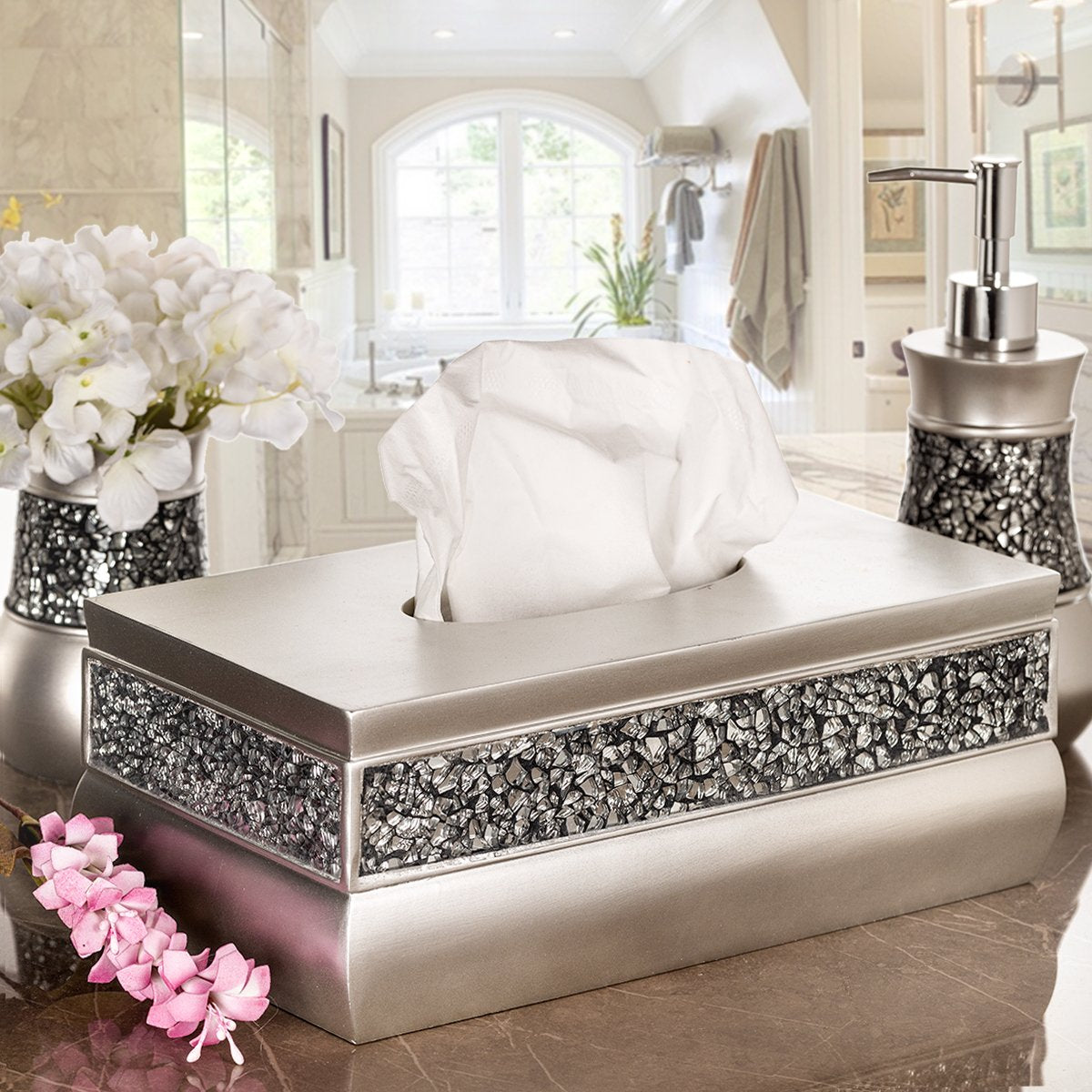 Crackled Glass Silver Tissue Box Cover Rectangular - Decorative Bling Tissue Box Holder With Beautiful Mosaic Glass - Elegant Tissue Holder For Bathroom With Durable Bottom Slider (Silver Collection)