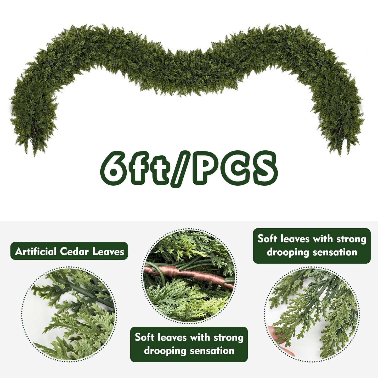 6/9ft Christmas Cedar Garland Artificial Realistic Soft and Thickness Green Faux Fake Full Cedar Pine Garland for Table, Mantle, Wall, Indoor, Outdoor Christmas Decorations (6FT)
