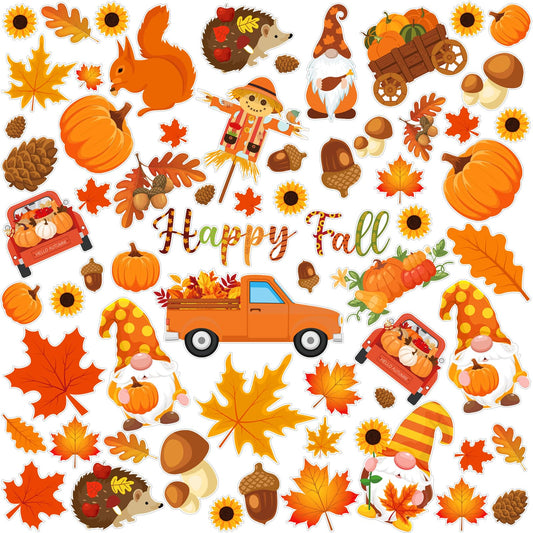 Motipuns 2 Sheet 64 Pcs Thanksgiving Gel Window Clings Fall Thick Gel Cling Removable Reusable Autumn Harvest Window Sticker Pumpkin Maple Leaves Gnome Decal for Glass Classroom Fall Party Decor