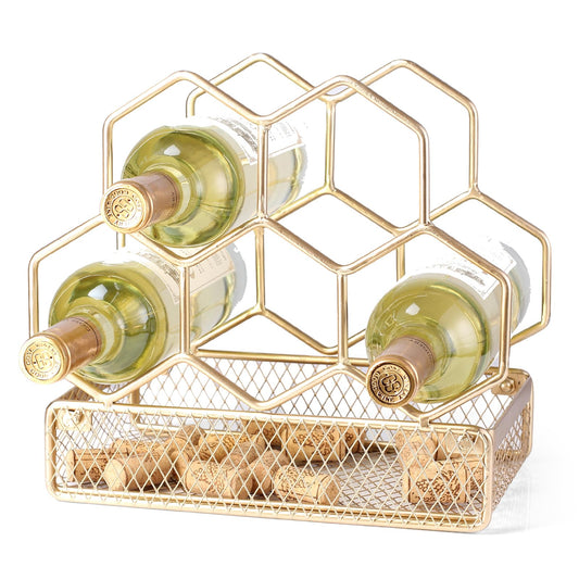 Drincarier Countertop Wine Rack - 6 Bottle with Cork Storage Freestanding Modern Gold Metal Wine Rack - Tabletop Wine Holder Stand for Cabinet, Pantry, Wine Bottle Storage…