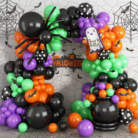Halloween Balloon Arch Garland Kit, Purple and Black Balloons with 3D Bat Stickers, Big DIY Spider Balloon, Ghost Skull Foil Balloons Green Orange Balloon for Halloween Party Decorations Supplies