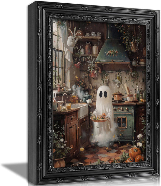 Devunaty Framed Halloween Ghost Kitchen Wall Art, Vintage Gothic Painting Canvas Print, Cute Spooky Ghost Chef in Rustic Kitchen Decor, Dark Academia Artwork for Fall, Halloween Wall Decor 9x11 Inch