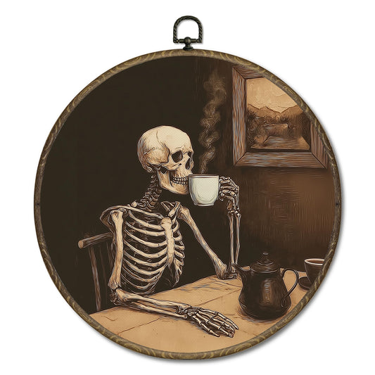OINDADE Gothic Skull Coffee Round Wall Art Decor, Skeleton Halloween Wall Art Hanging Decor, Dark Moody Spooky Coffee Lover Framed Canvas Artwork for CoffeeBar Kitchen Living Room, 10x10in