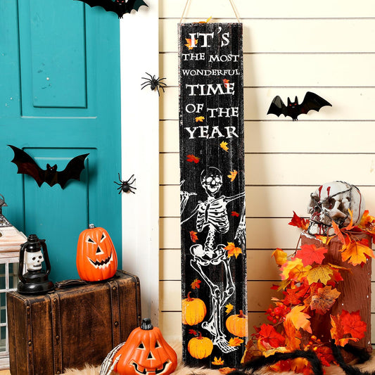 Moucuny Halloween Skeleton Porch Sign for Front Porch Indoor Skull Vertical Halloween Welcome Wall Sign for Patio Door Party Yard Home Standing Outdoor Decorations 41.7"