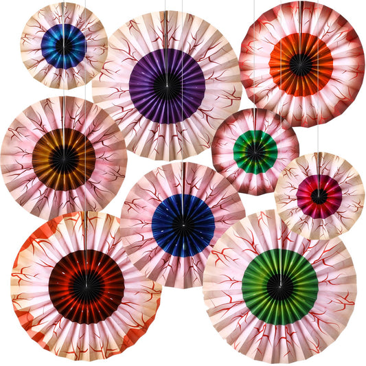 Dispowreath 9 Pcs Halloween Fans Decorations Eyeball Hanging Paper Fans Set Scary Eyeballs Wall Decoration for Halloween Party Haunted House Home Classroom Birthday Spooky Decorations Supplies