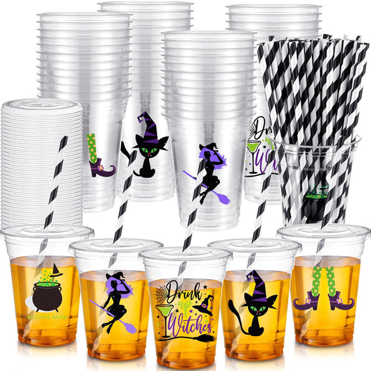 Bokon 100 Sets 12 oz Halloween Cups Witch Theme Clear Plastic Disposable Cups with Lids and Paper Straws Halloween Party Supplies for Party Coffee Beer Beverage Ice Cream Snack Candy