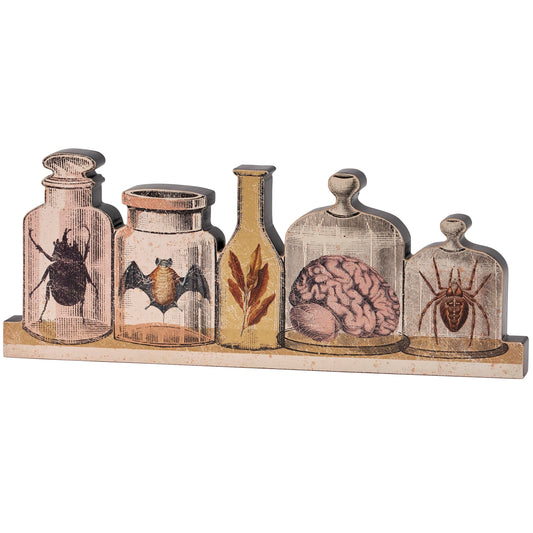 Primitives by Kathy Chunky Sitter - Brew Bottles Cut in The Shape of a Set of Bottles displaying Vintage Art of Various Potion Brew Ingredients