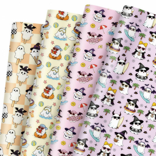 Summer Ghost Wrapping Paper for Kids, 12 Sheets Cute Beach Halloween Wrapping Paper, Kawaii Pastel Spooky Surf Ice Cream & Tropical Designs for Birthday Summer Holiday Party Decor, 19.7 x 27.6 Inch