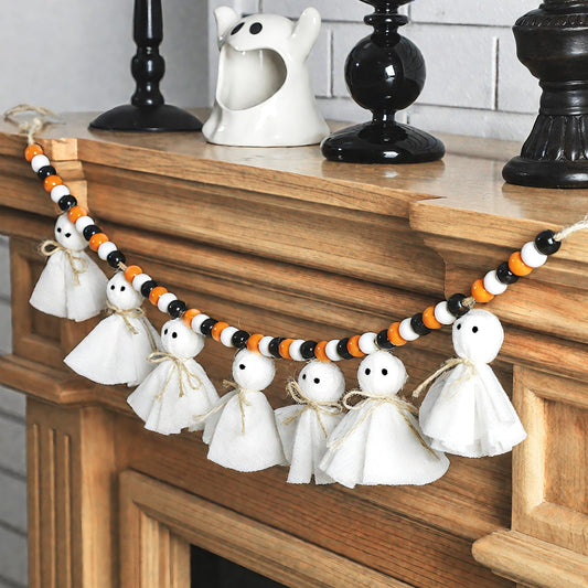 3 Pack Halloween Ghost Garland with Wooden Bead 4.92 ft Vintage Halloween Banner Decor Black Orange White Wooden Bead Banner for Mantle Fireplace Rustic Farmhouse Wall Room Home Indoor Outdoor Decor