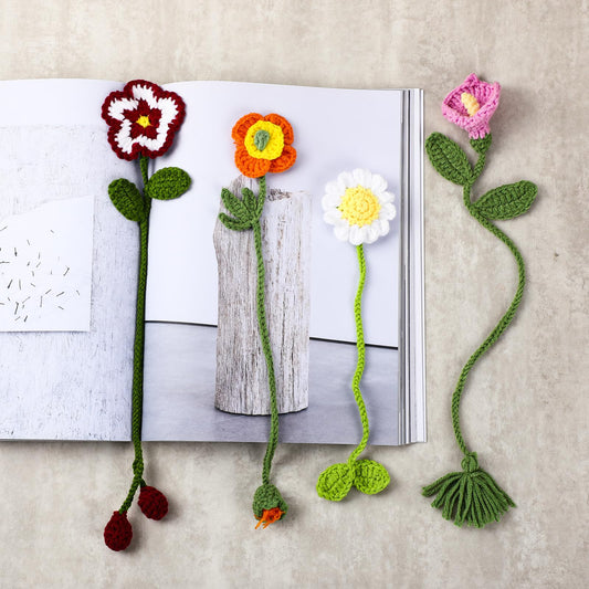 Harloon 4 Pieces Book Lover Gifts Flowers Crochet Bookmarks Handmade Knitted Book Marker Curtain Tiebacks Holdbacks Car Ornaments for Readers Writers Library(Cute)