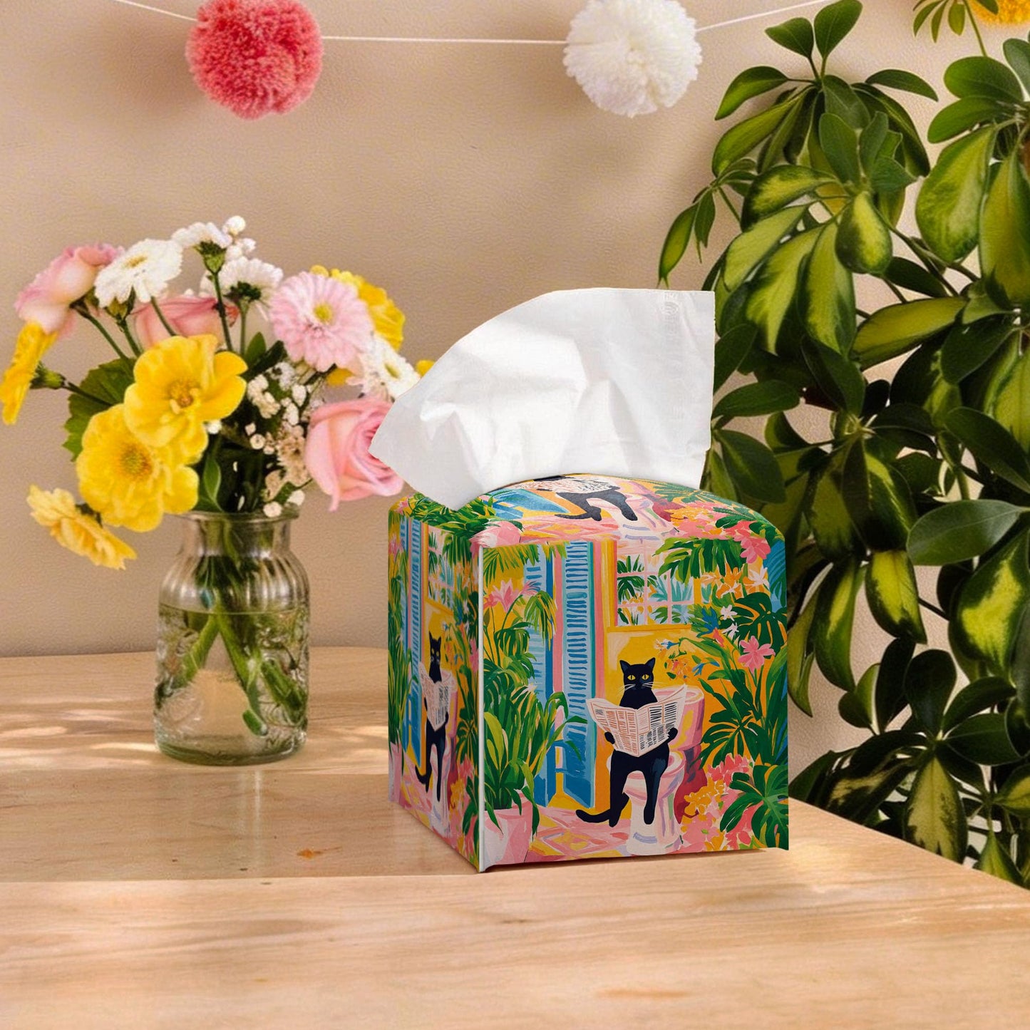 RWWNONW Vintage Black Cat Newspaper Tissue Box Cover Square