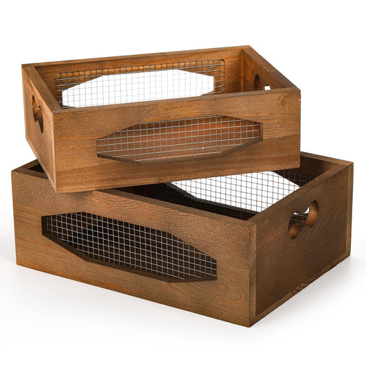 Okllen Set of 2 Wooden Nesting Countertop Baskets, Decorative Wood Storage Box Farmhouse Rustic Crate with Cutout Handles for Bread, Fruit, Vegetables, Kitchen, Bathroom, Pantry Supplies, Brown