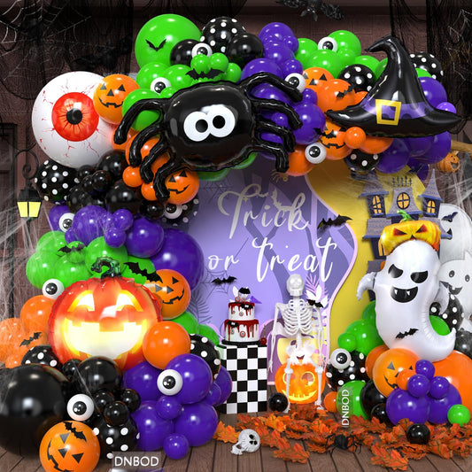 Halloween Balloon Arch Kit,137Pcs Orange Black Green Purple Balloon Garland with 3D Bat Stickers,Pumpkin,Witch Hat,Spider,Ghost,Eyeball Foil Balloons for Halloween Spooky Birthday Party Decorations
