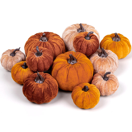 Whaline 12Pcs Fall Faux Velvet Pumpkins Thanksgiving Harvest Artificial Fake Pumpkin Rustic Assorted Sizes Orange Brown Khaki Small Foam Pumpkins for Fall Wedding Party Home Table Decor